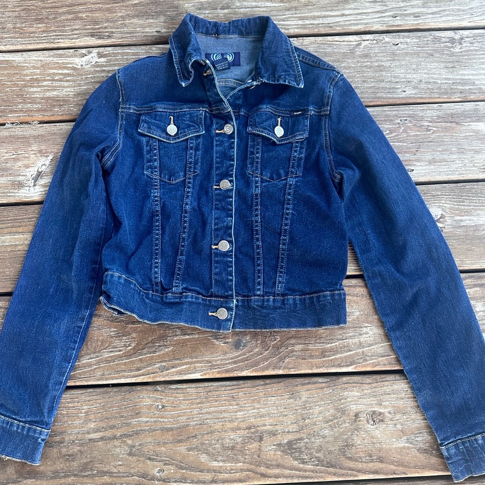 Angels women's Darkwash stretch jean jacket size Junior L